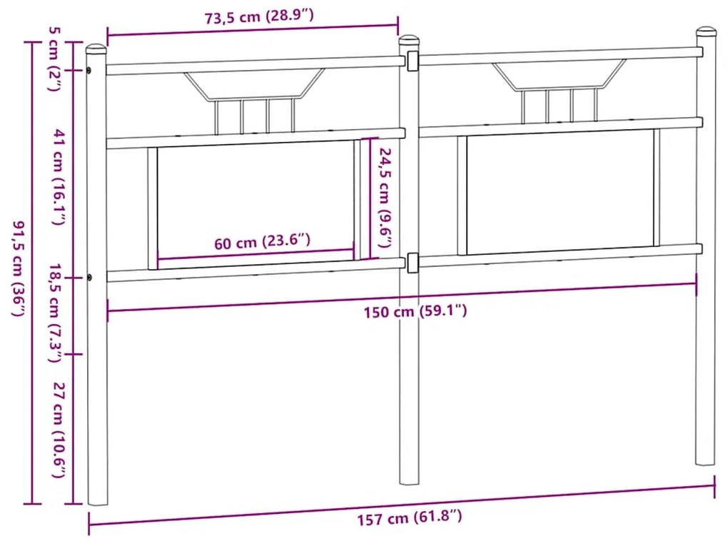 Cabeceira de cama 150 cm derivados madeira/aço carvalho fumado