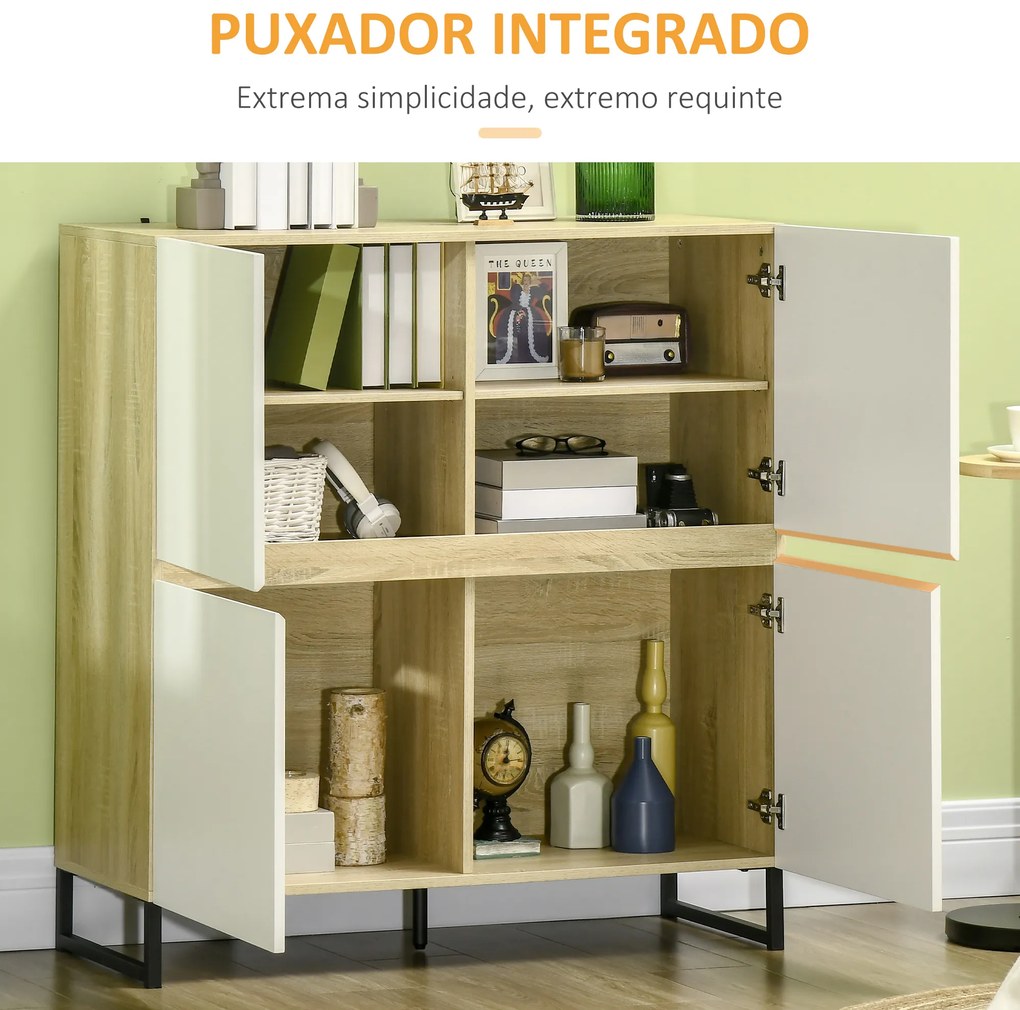 HOMCOM Aparador de Cozinha Moderno com 4 Compartimentos e Prateleiras Ajustáveis Móvel Auxiliar de Armazenamento para Sala de Jantar Sala de Estar 100x41,5x107cm Branco e Carvalho