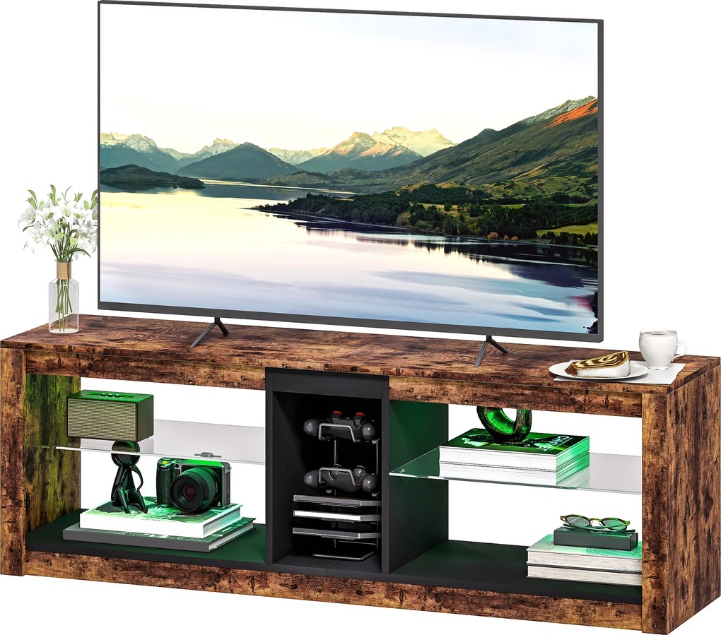 Móvel de TV, 140 x 35 x 47 cm, Iluminação LED com 7 Cores, Castanho
