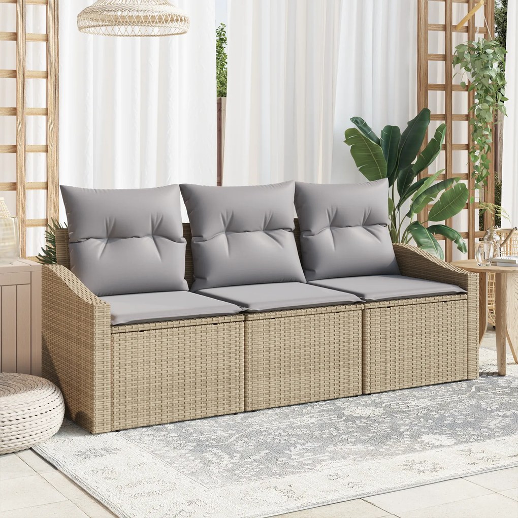 vidaXL Conjunto de Sofás de Jardim de 3 Peças com Almofadas Bege Vime