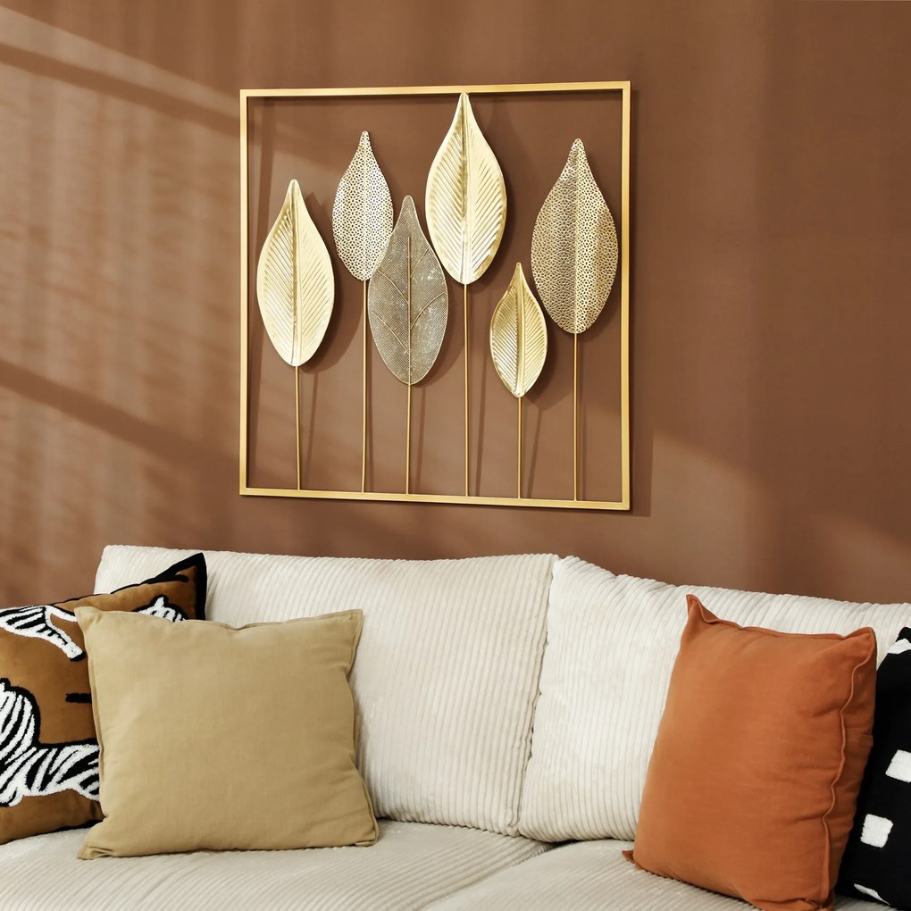 Decoração de parede moderna em metal, escultura de parede em metal em forma de folha, 70 x 70 cm, dourada