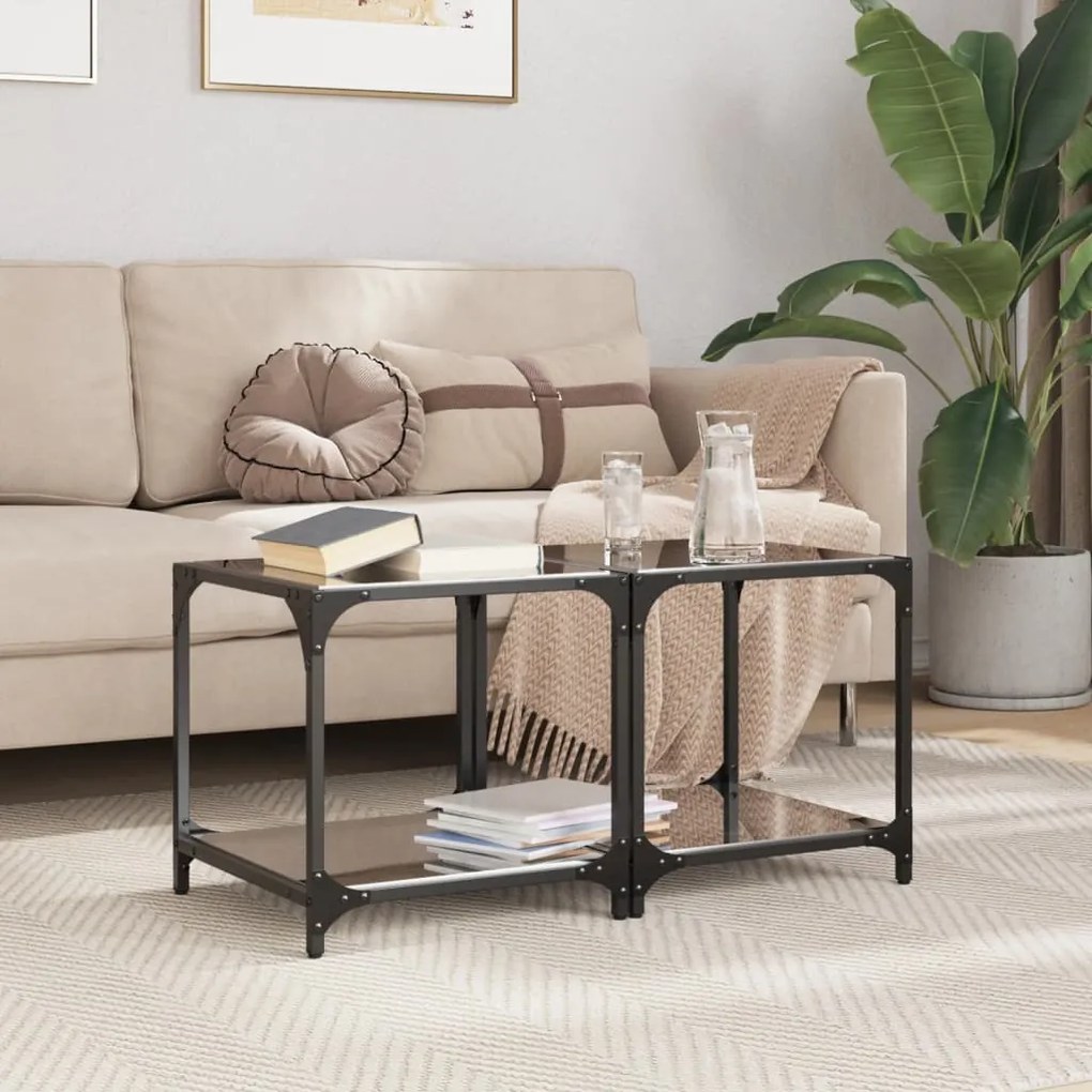 vidaXL Mesas de centro c/ topo em vidro preto 2 pcs 40x40x40 cm aço