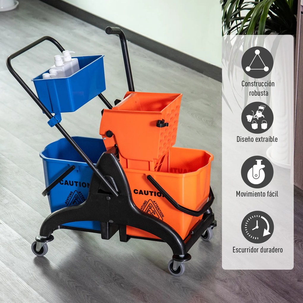 HOMCOM Balde para esfregona comercial Balde para esfregona com escorredor de baixa pressão 26L Capacidade com 4 rodas silenciosas Baldes separados duplos 78x45x95cm Laranja e azul