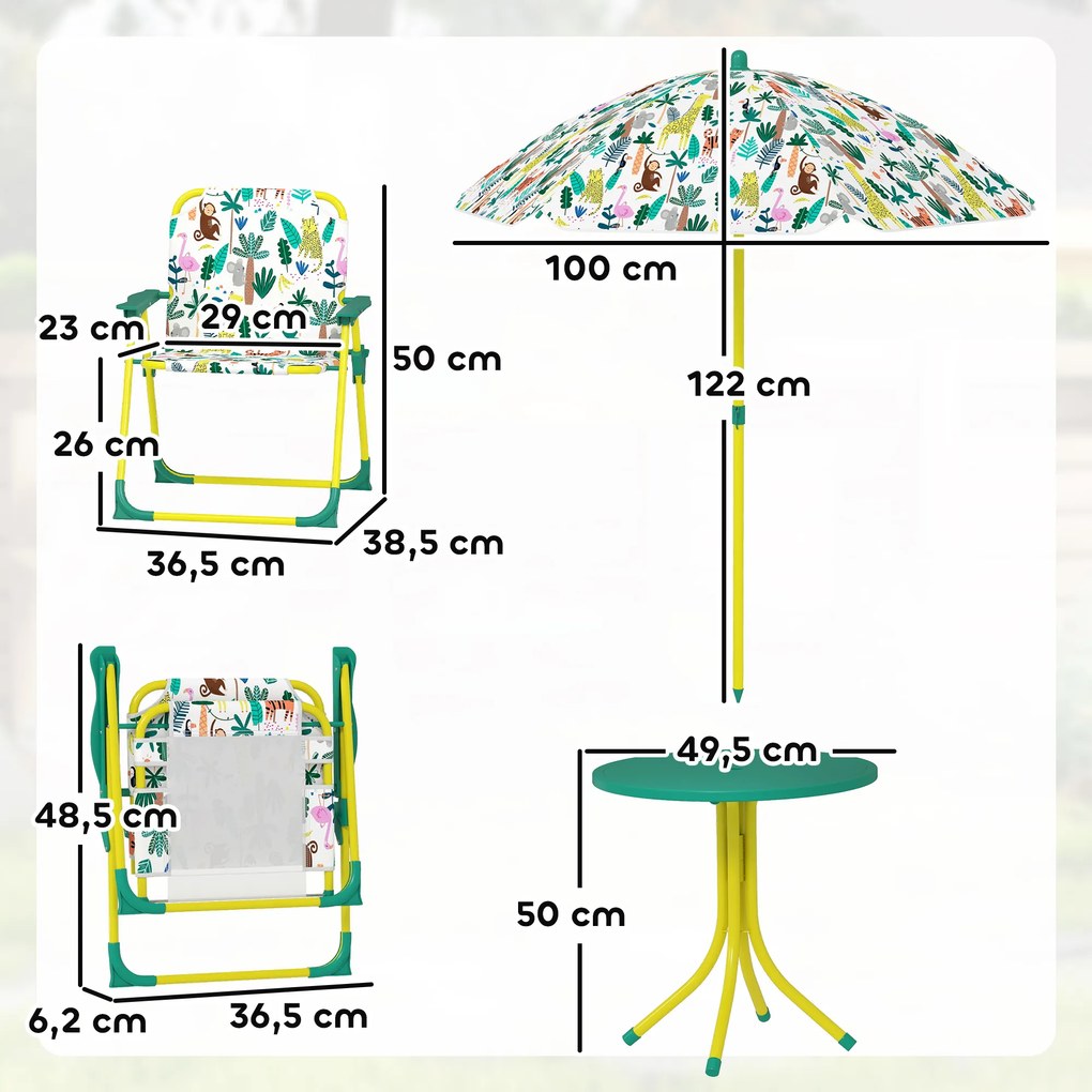 Conjunto de Assentos Infantis Conjunto de 4 Peças com Guarda-sol Removível Mesa Infantil com 2 Cadeiras Dobráveis Verde