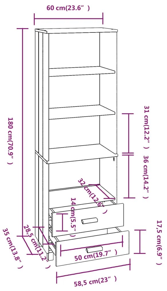 Aparador alto HAMAR 60x35x180 cm pinho maciço cinza-claro