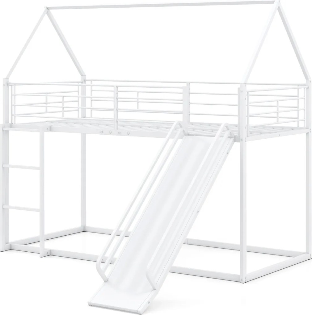 Cama Beliche Crianças 204 x 195 x 181,5 cm em forma de casa com escorrega (COLCHÃO E ACESSÓRIOS IMAGEM NÃO INCLUIDOS) com grade de segurança e escada