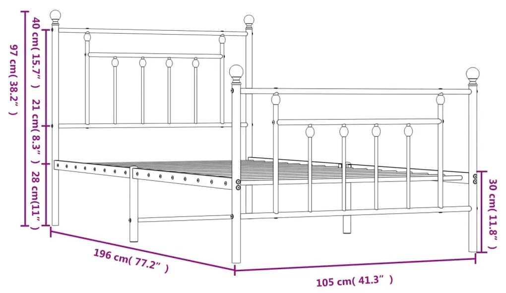 Estrutura de cama com cabeceira e pés 100x190 cm metal branco