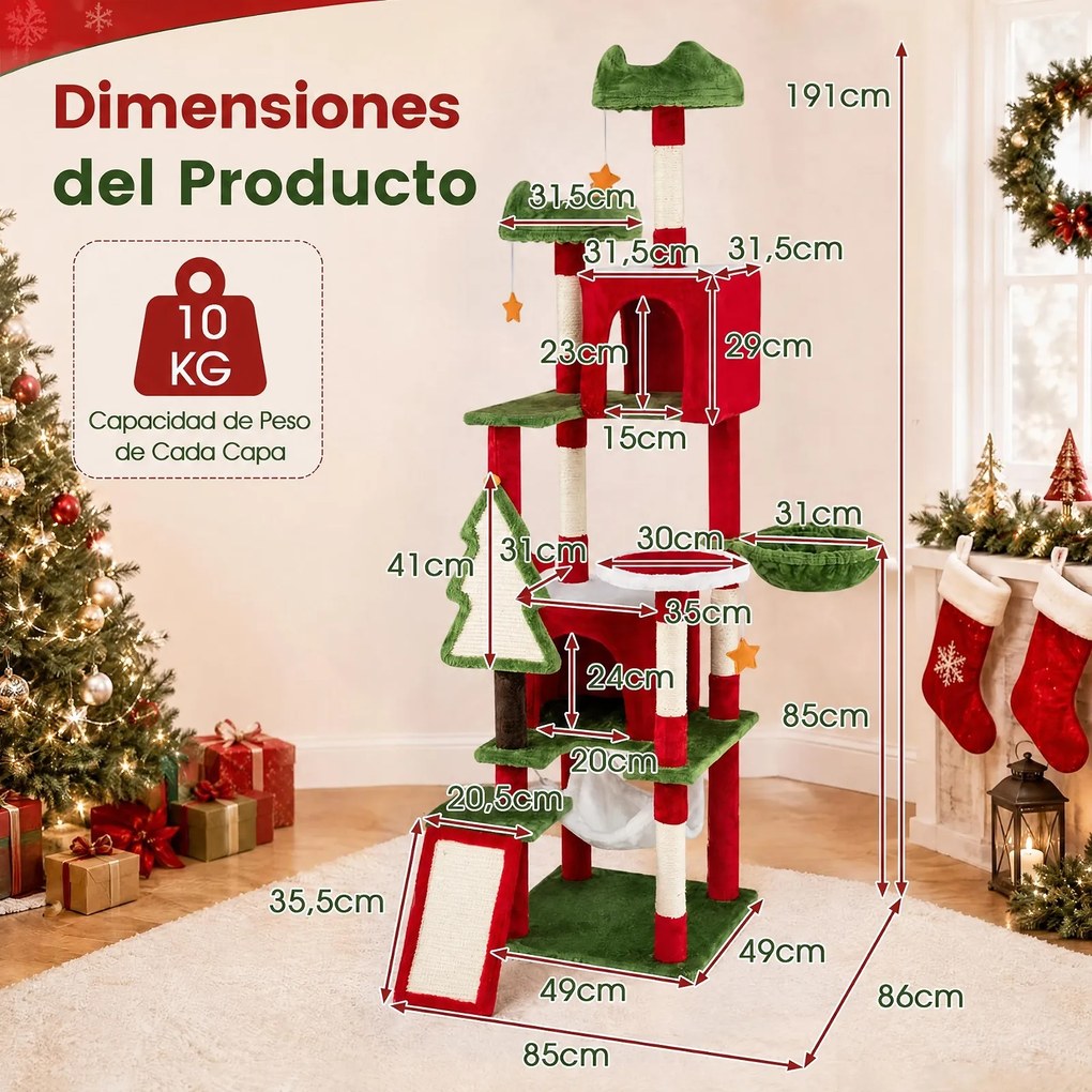 Árvore para Gatos em Forma de Árvore de Natal, 86 x 85 x 191 cm, 6 Níveis, Vermelho+Verde