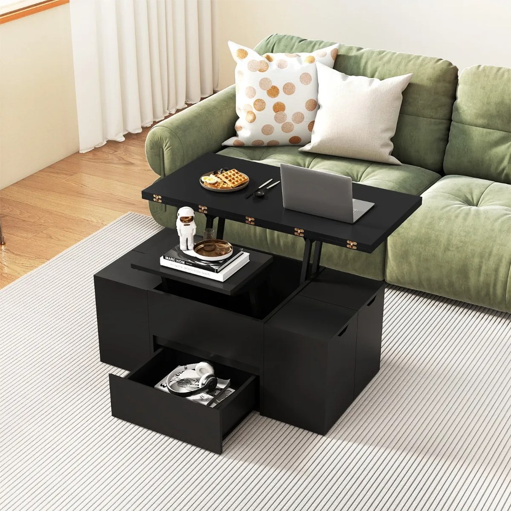 Mesa de centro elevável conversível em mesa de jantar para 4 pessoas com 4 bancos 3 em 1 extensível com e gaveta Preta