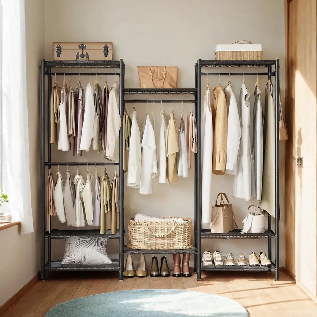 Guarda-roupa em metal aberto com 4 varões e 8 prateleiras 40 x 175 x 180 cm Preto