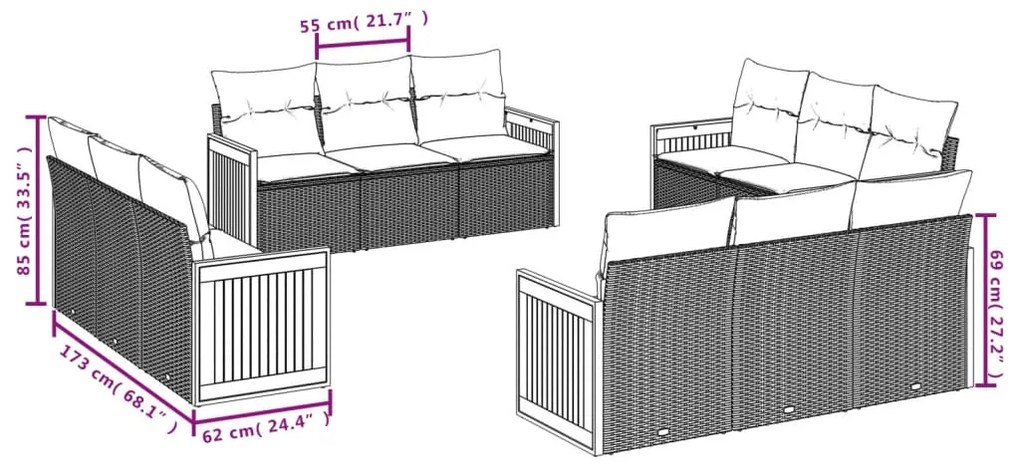 12 pcs conjunto de sofás jardim c/ almofadões vime PE cinzento