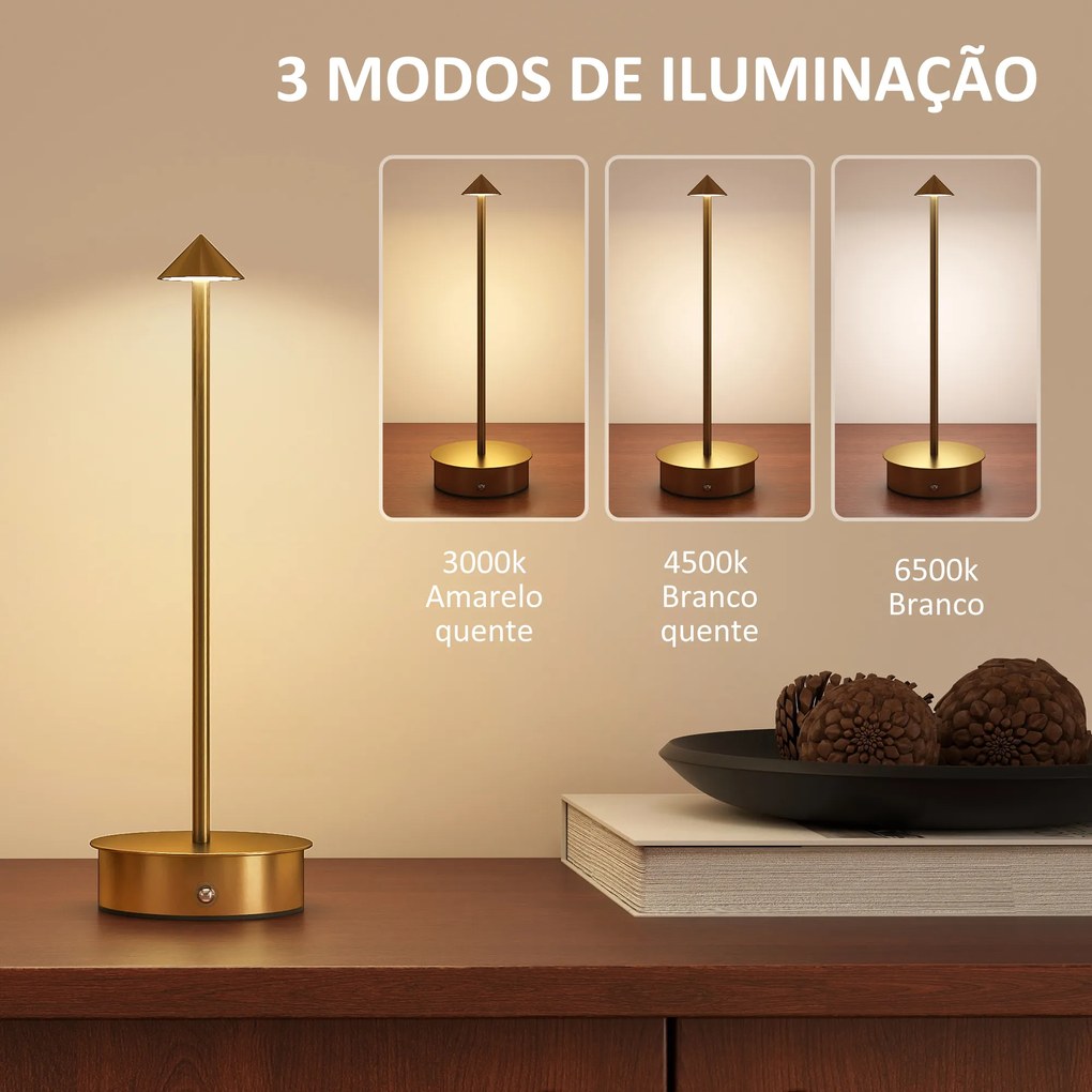 Conjunto de 2 Candeeiros de Mesa Recarregáveis por USB Reguláveis com Controlo Táctil 3000K/4500K/6500K Ø10x30 cm Dourado
