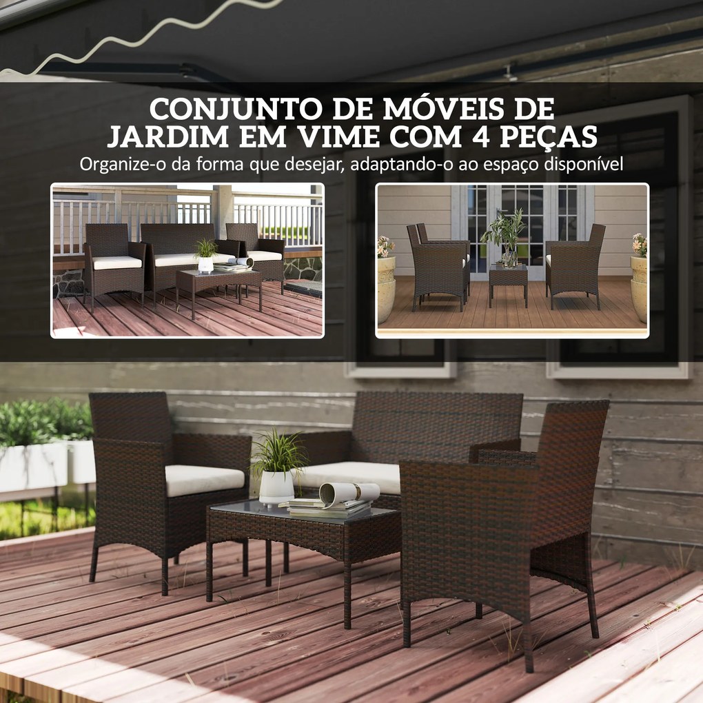 Conjunto de Jardim em Vime com Almofadas Móveis de Exterior com 2 Poltronas Sofá de 2 Lugares Mesa com Vidro Castanho e Bege