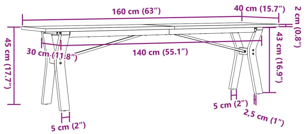 Mesa de centro estrutura em Y 160x40x45cm pinho e ferro fundido