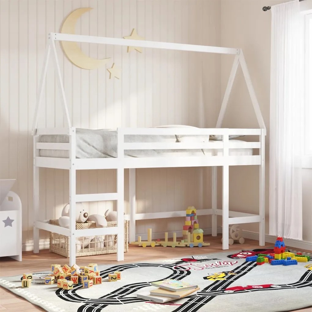 vidaXL Cama alta c/ escada e telhado 90x190 cm pinho maciço branco