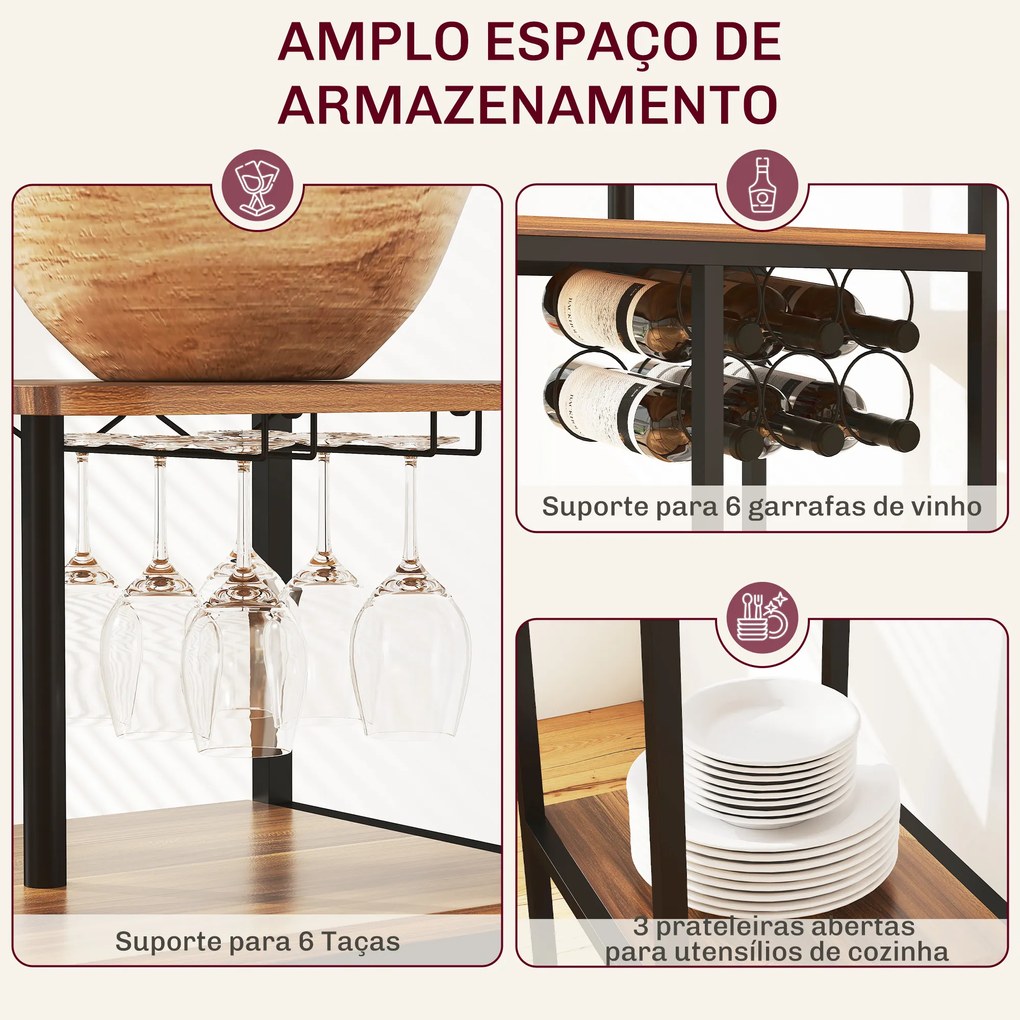 Conjunto de Mesa e Bancos de Bar Mesa Alta de Cozinha com 2 Bancos Laterais Rebatíveis Suporte para Vinhos e Prateleiras Castanho e Preto