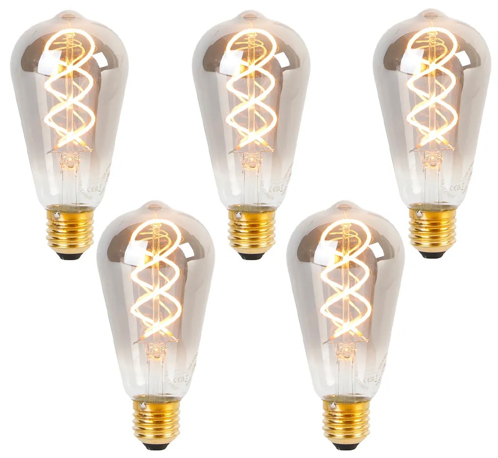 Conjunto de 5 lâmpadas LED E27 reguláveis filamento torcido ST64 fumê 120lm 1800K