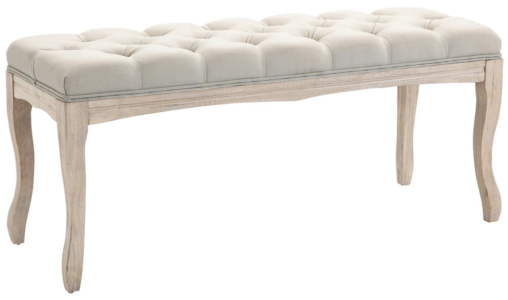 HOMCOM Banco Estofada Estilo Clássico 110 cm Pé da Cama Estofado Pernas de Madeira de Seringueira Esculpidas Linho Bege | Aosom Portugal
