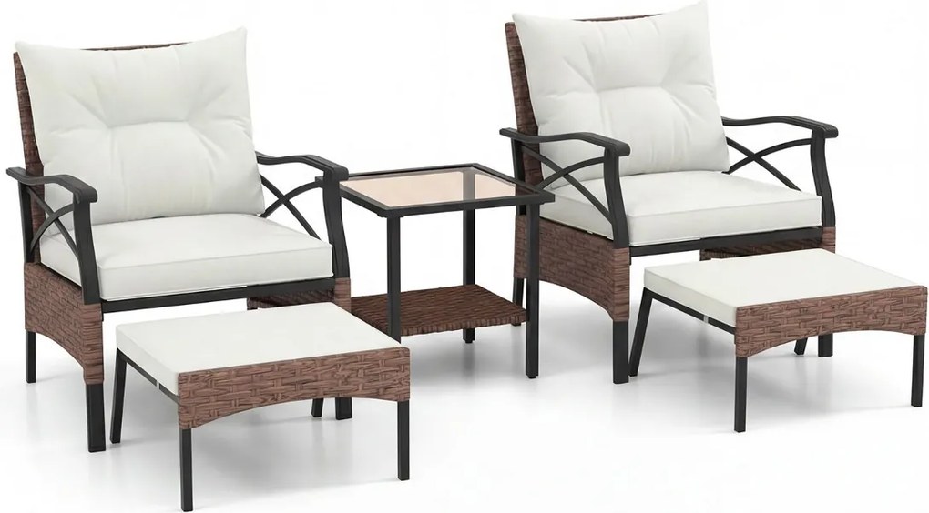 Conjunto de móveis jardim de vime de 5 peças com pufes, almofadas e mesa auxiliar de vidro temperado de 2 níveis para jardim, varanda, Castanho e Bege