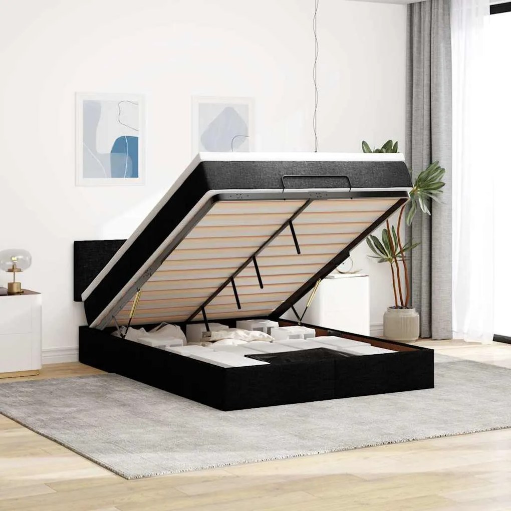 vidaXL Cama Otomana com Colchão &amp; LEDs Preto 140x190cm Tecido