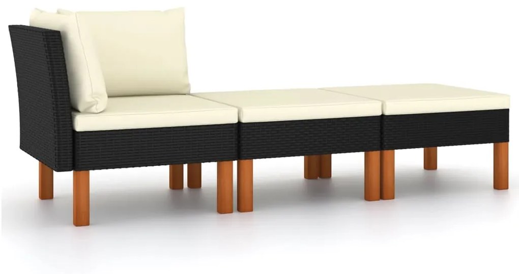 3 pcs conj. lounge jardim vime PE e madeira de eucalipto maciça