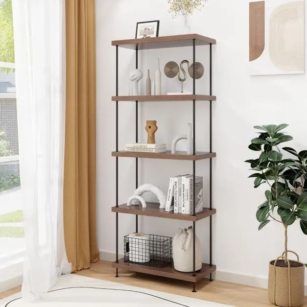 Estante multifunções de 5 níveis com estrutura metálica para arrumação doméstica 60 x 147 cm Nogueira