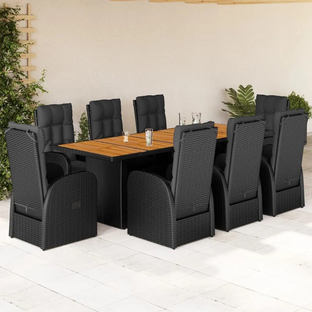 vidaXL 9 pcs conjunto de jantar p/ jardim c/ almofadões vime PE preto