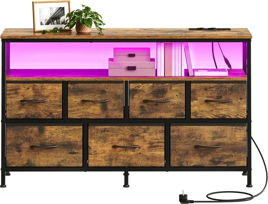 Cómoda com gavetas e iluminação LED 30 x 113,8 x 68,1 cm castanho-preto