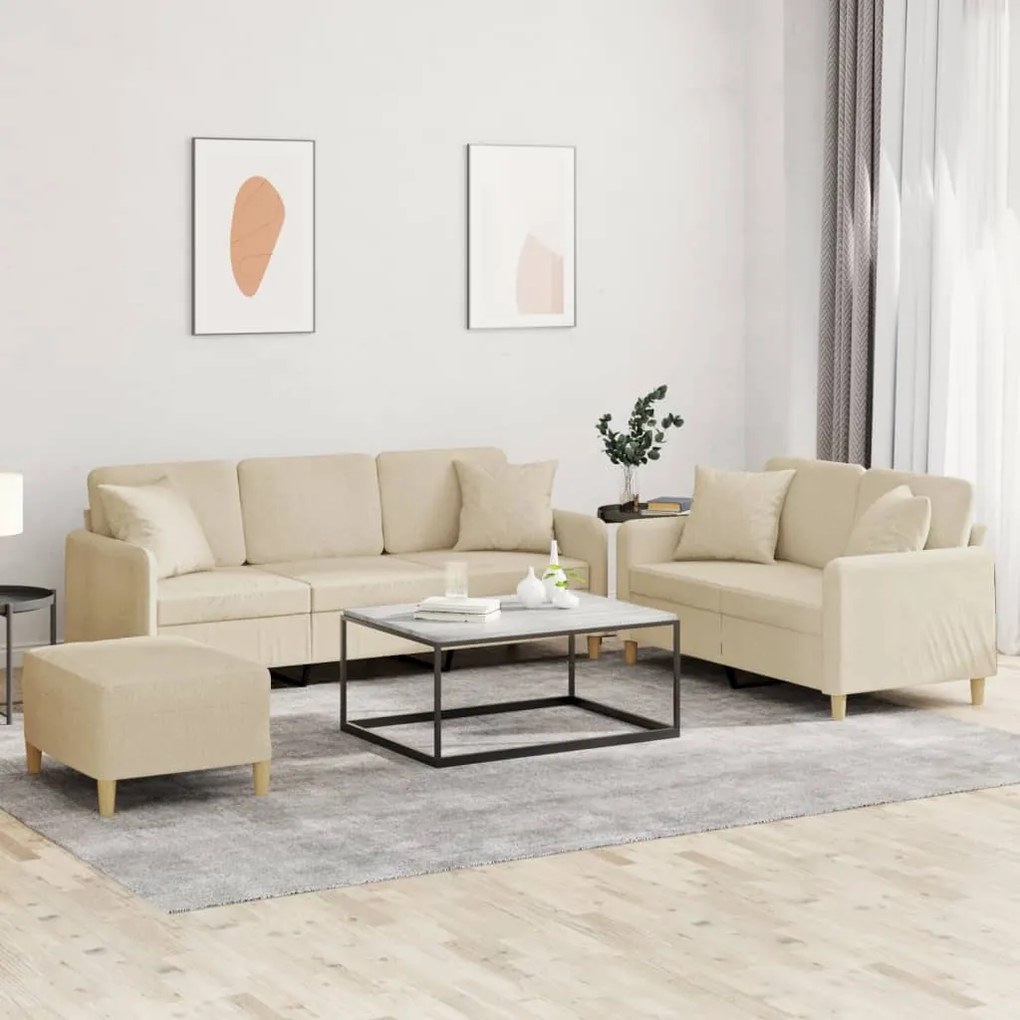 vidaXL 3 pcs conjunto de sofás com almofadas tecido cor creme