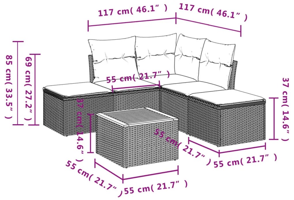 6 pcs conjunto de sofás p/ jardim com almofadões vime PE bege