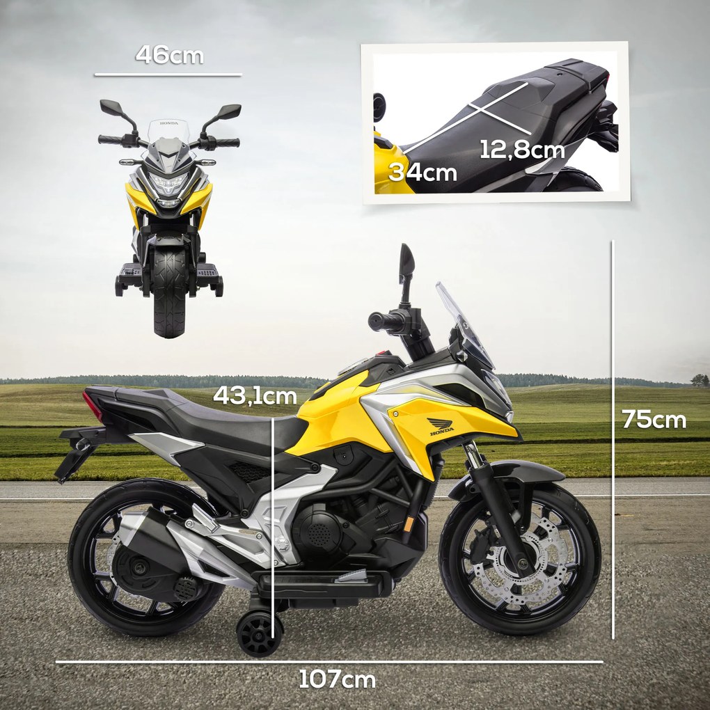 Moto Elétrica 12 V para Crianças 3-6 anos, 107 x 46 x 75 cm, Licenciada pela Honda Amarela
