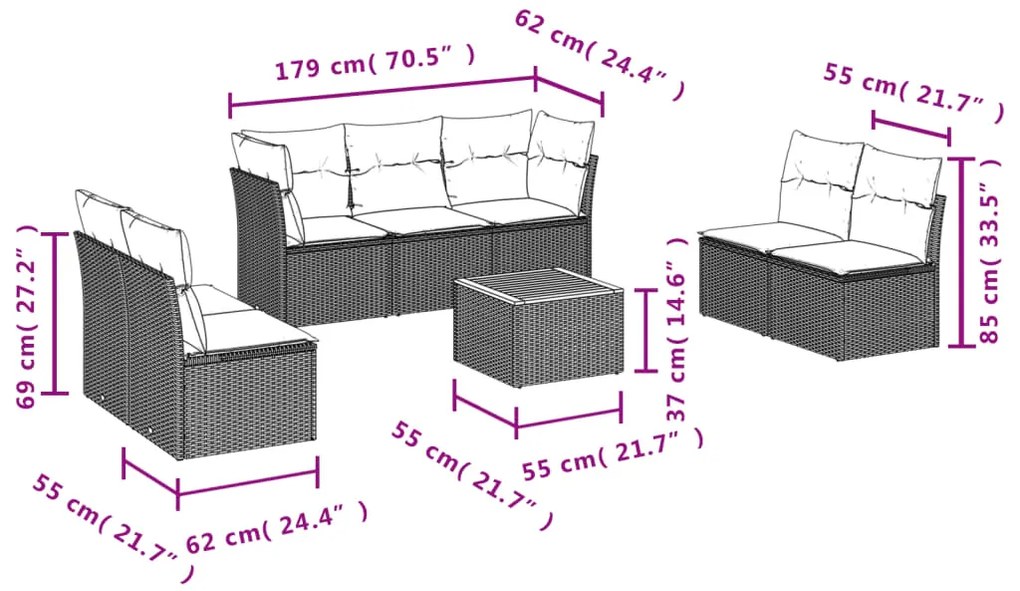 8 pcs conj. sofás jardim c/ almofadões vime PE bege misturado