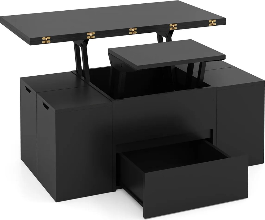 Mesa de centro elevável conversível em mesa de jantar para 4 pessoas com 4 bancos 3 em 1 extensível com e gaveta Preta