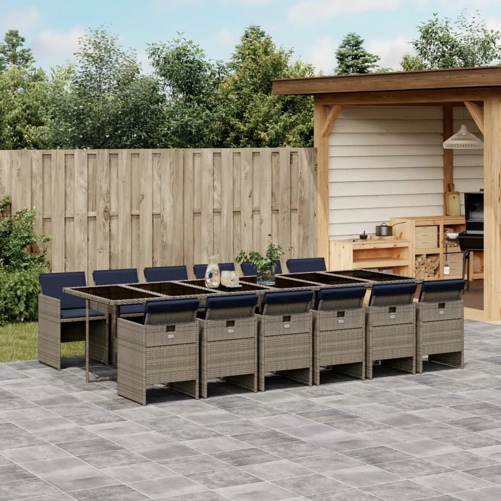 vidaXL 13 pcs conjunto jantar p/ jardim c/ almofadões vime PE cinzento