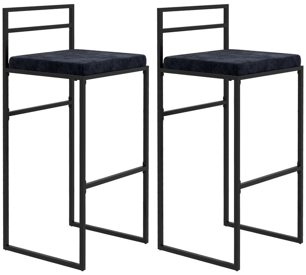 HOMCOM Lote de 2 Cadeiras de Bar Bancos Altas Almofada de Assento em Veludo Apoio para Os Pés Altura 74 cm Preto | Aosom Portugal