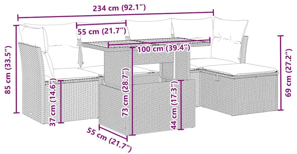 6 pcs conjunto de sofás p/ jardim com almofadões vime PE bege