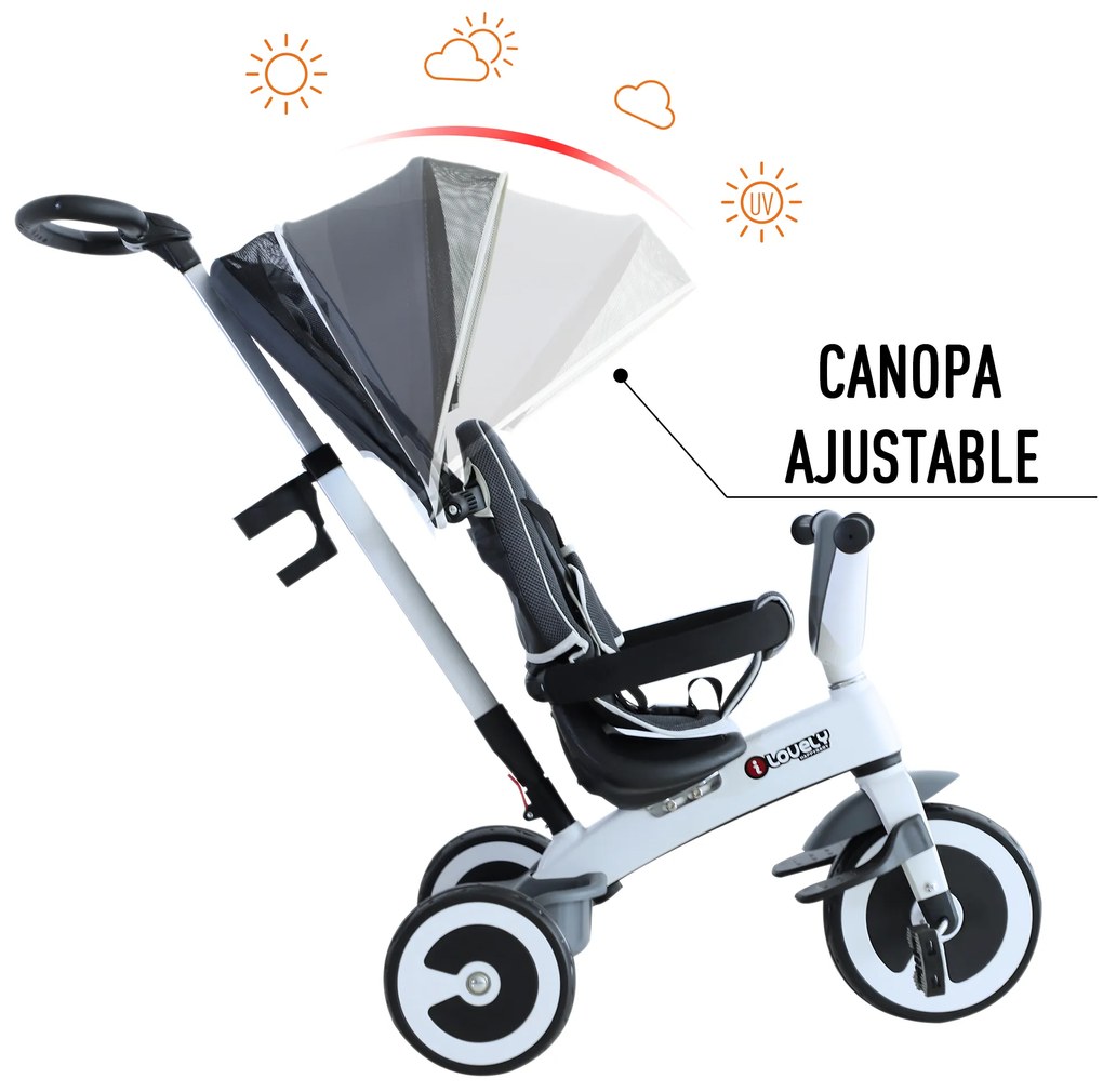 HOMCOM triciclo bebê 4 em 1 s para crianças +18 meses Evolutivo capuz Barra Destacável Controle Parental Brinquedo de aprendizagem Cinza