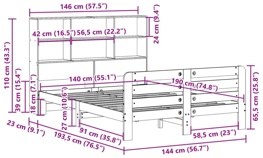 Cama sem colchão 140x190 cm pinho maciço castanho-mel