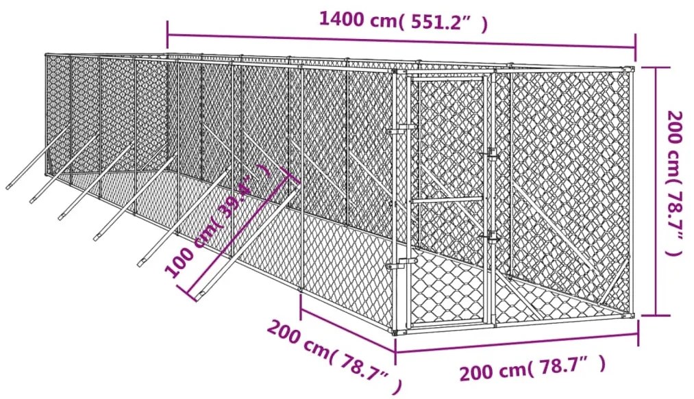 Canil de exterior 2x14x2 m aço galvanizado prateado