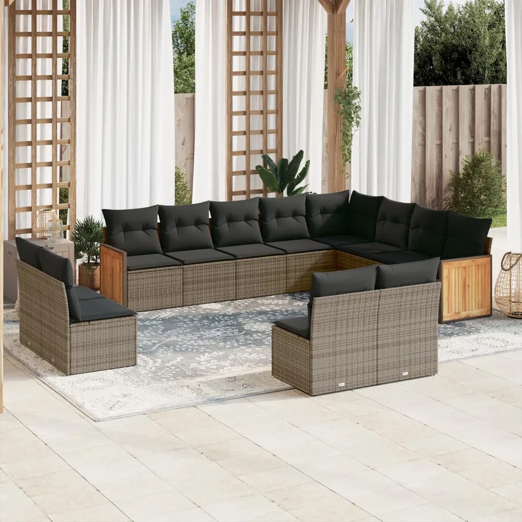 12 pcs conjunto de sofás jardim c/ almofadões vime PE cinzento