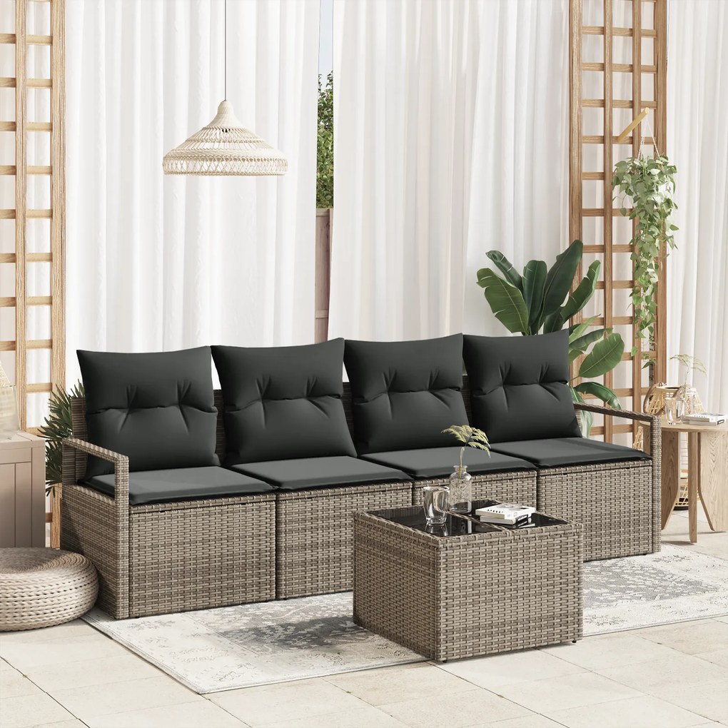 Conjunto de Sofá de Jardim de 5 Peças com Almofadas Cinza Rattan Sinté