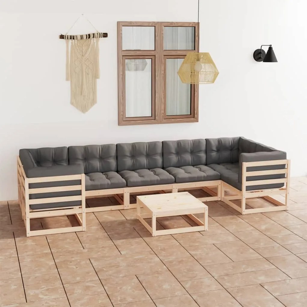 vidaXL 8 pcs conjunto lounge de jardim c/ almofadões pinho maciço