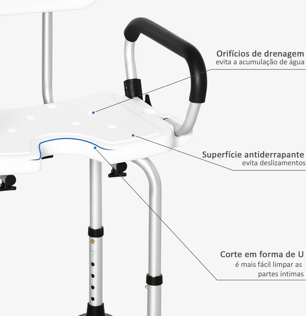 Cadeira para Duche Antiderrapante com Altura Ajustável de 6 Níveis e Apoio para os Braços Regulável 54x52x70-82cm Branco