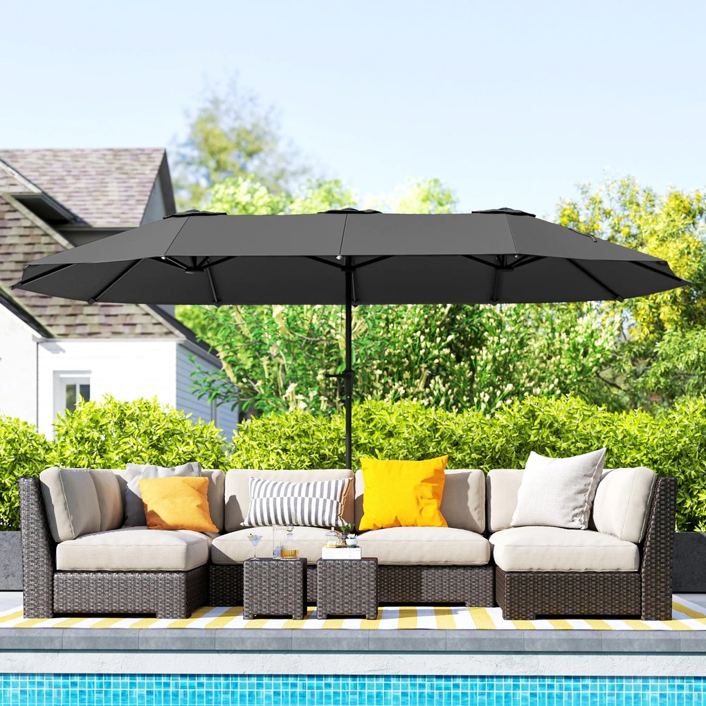 Chapéu de Sol Duplo 4x2,2 m Chapéu de Sol para Jardim com Manivela Manual Impermeável e Proteção UV30+ Cinza Escuro