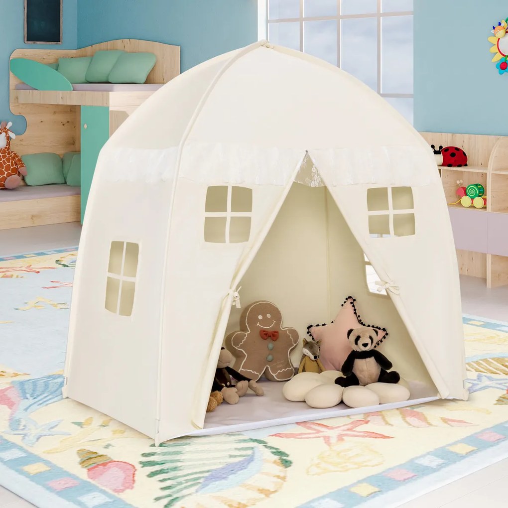 Tenda Infantil Princesa com Tapete Antiderrapante Janelas com fecho para Uso Interno Externo 143 x 100 x 155 cm Bege