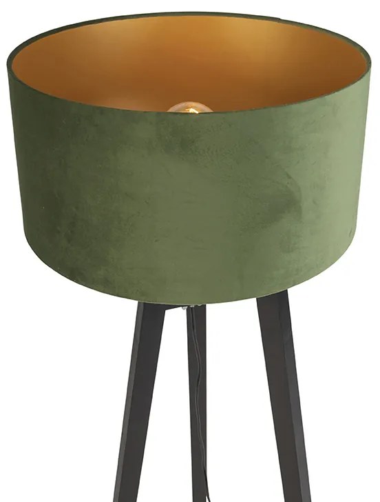 Candeeiro de pé tripé preto com cúpula verde e dourado 50 cm - Puros Country / Rústico