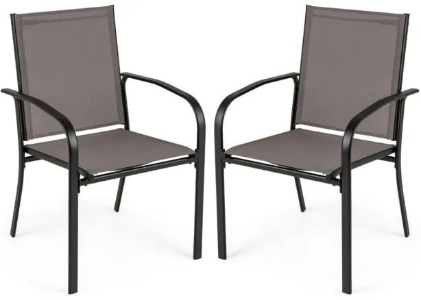 Conjunto de 4 cadeiras de jantar para áreas externas, empilháveis, com apoio de braços alto em tecido respirável e estrutura de metal cinza