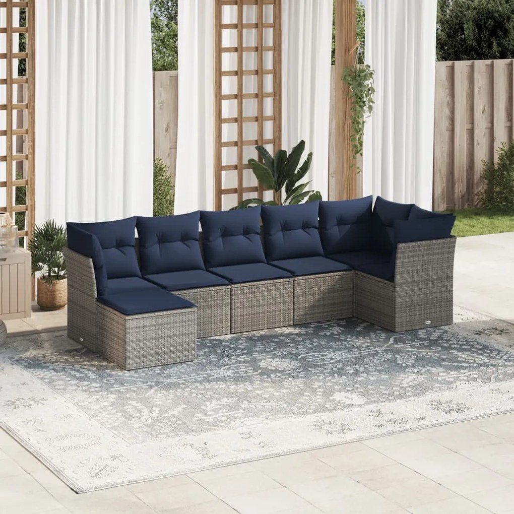vidaXL 7 pcs conjunto sofás p/ jardim c/ almofadões vime PE cinzento