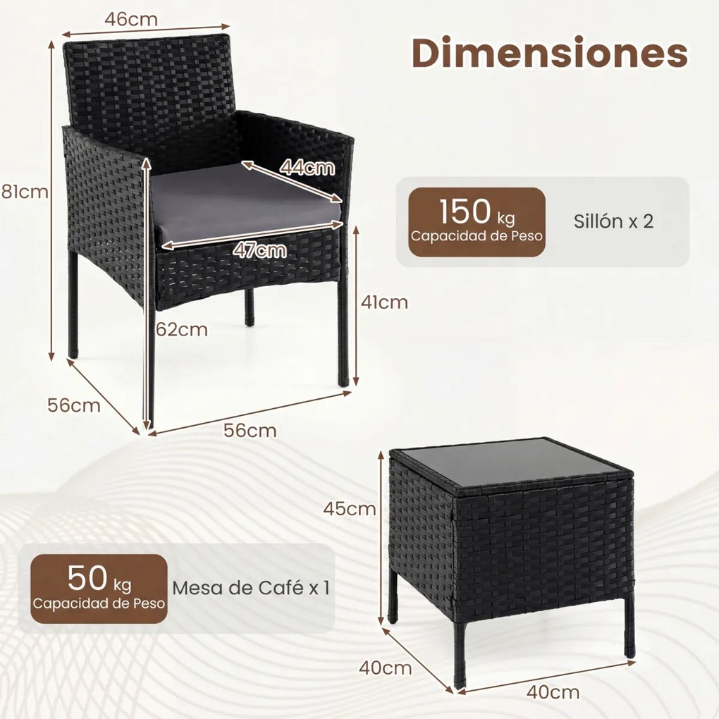 Conjunto de móveis de jardim de 3 peças em rattan com 2 cadeiras e Mesa auxiliar de vidro para terraço, pátio ou varanda Cinzento+Preto