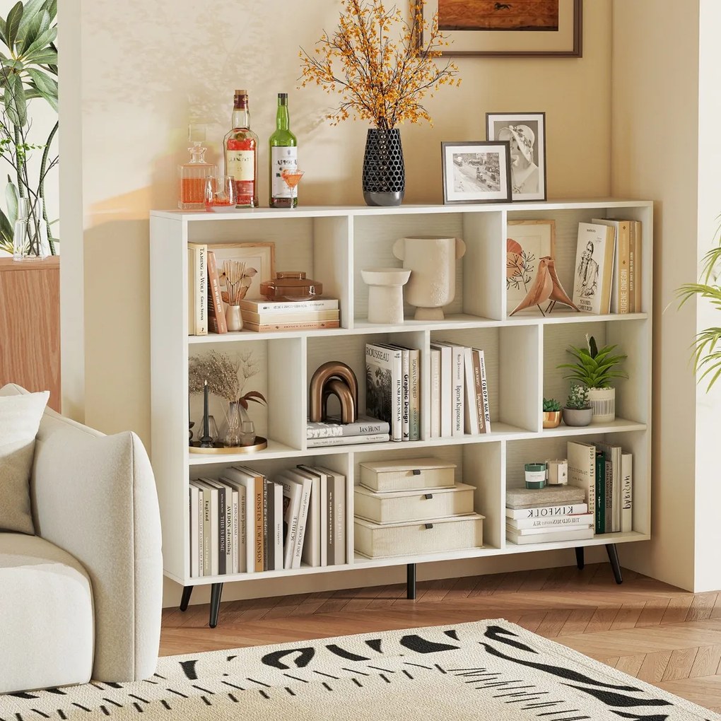 Estante de 3 níveis com 10 cubos, 4 pés de metal e dispositivo anti-capotamento para sala de estar ou escritório 100 x 24 x 107 cm branco